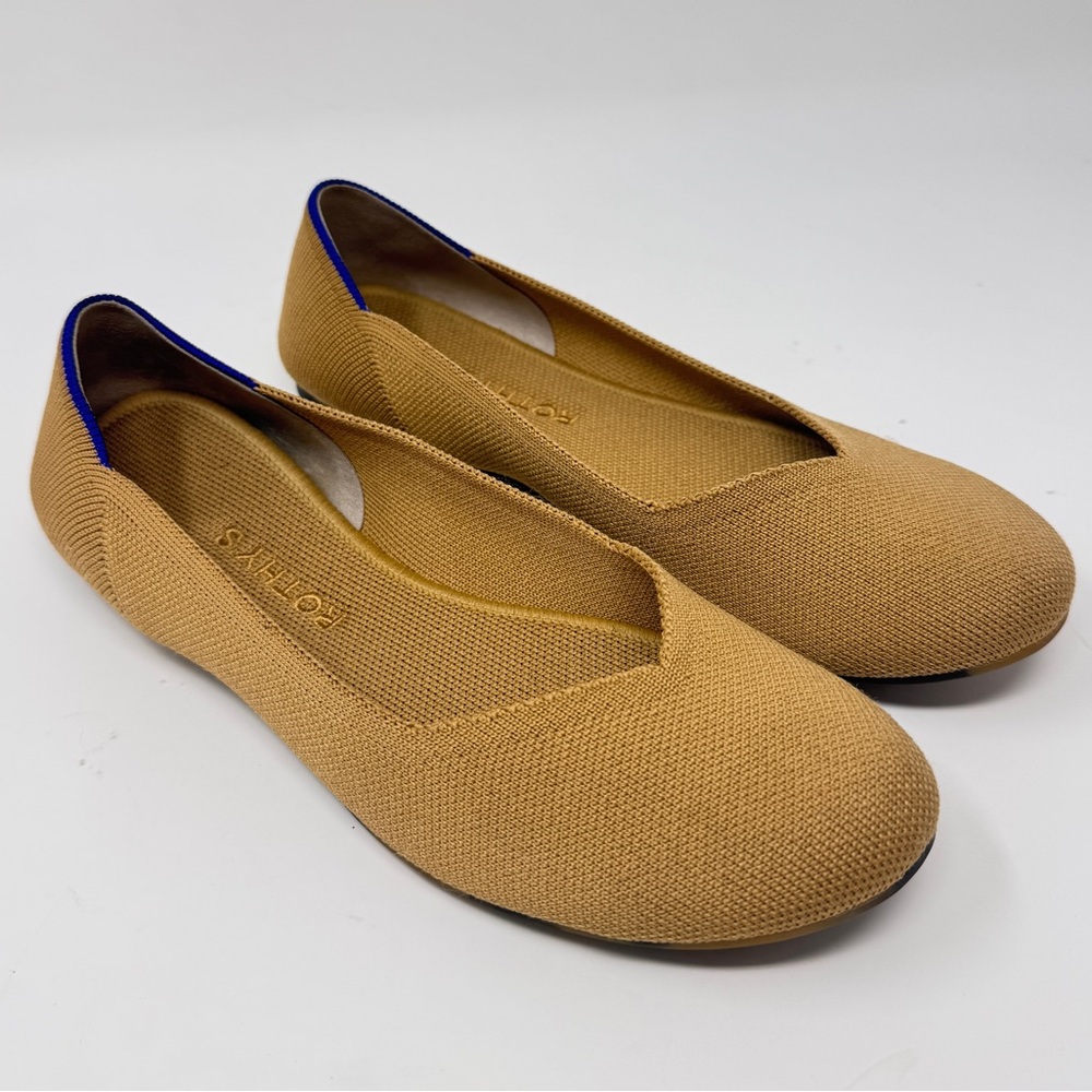 Rothy's Knit Flats in Mustard with Blue Heel Trim - Picture 2 of 11